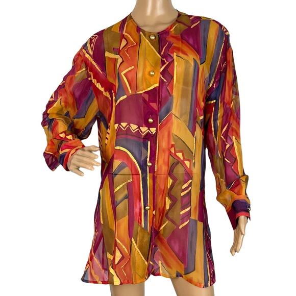 Apropos Vintage Women’s Abstract Silk Blouse Gold Buttons Metallic Detail Sz 10 - Picture 1 of 7